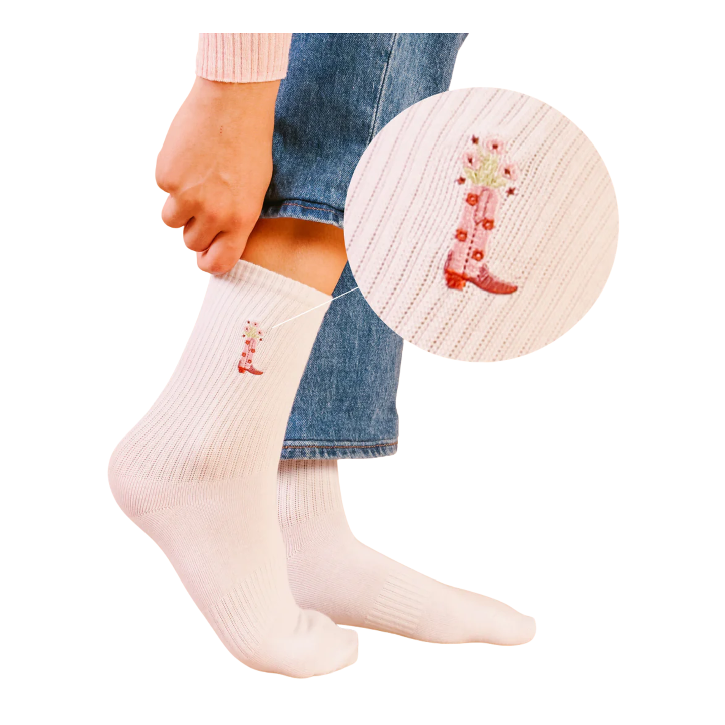 Embroidered Crew Socks - Cowgirl Boot