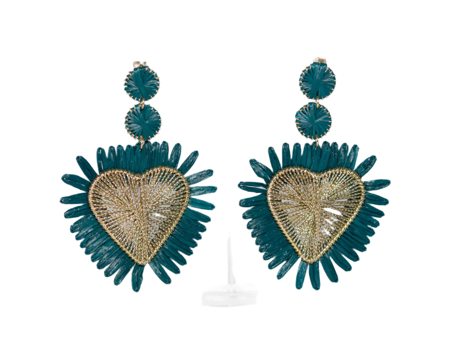 Teal heart-shaped earrings on a white background