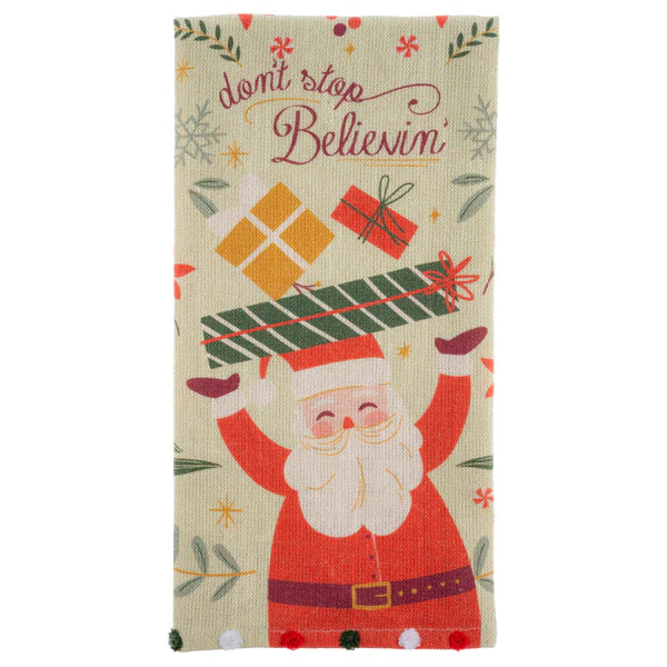 Happy Holiday Tea Towel Don't Stop Believing
