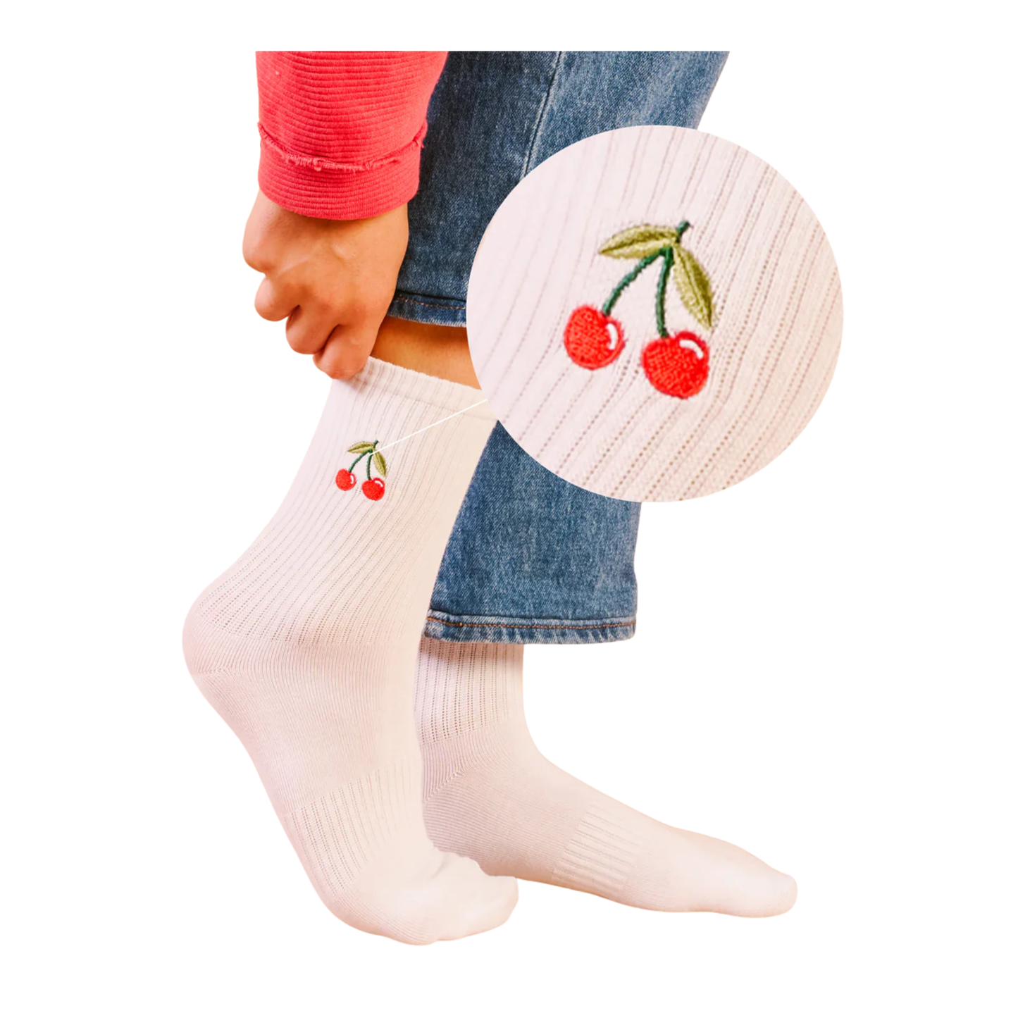 Embroidered Crew Socks - Cherry