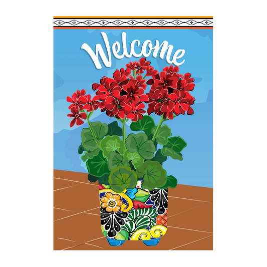 Mexican Pottery with Geranium Garden Flag