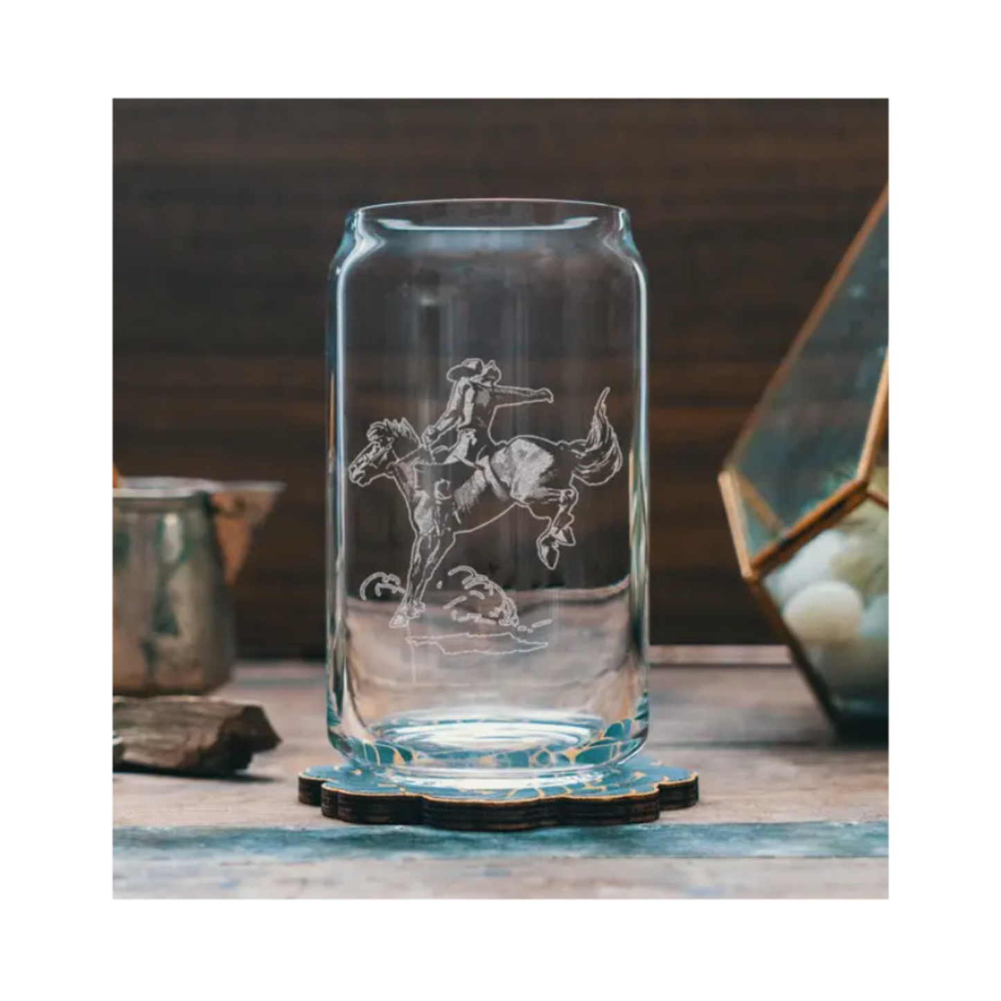 SALE Etched Cowboy Drinking Glass