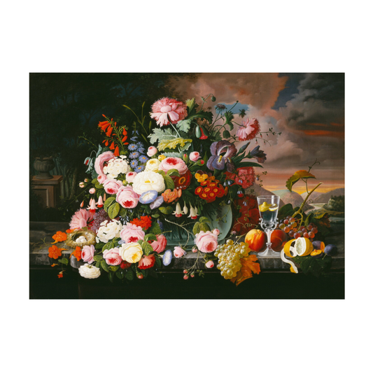 Magnet Still Life of Flowers and Fruit With a River Landscape in the Distance