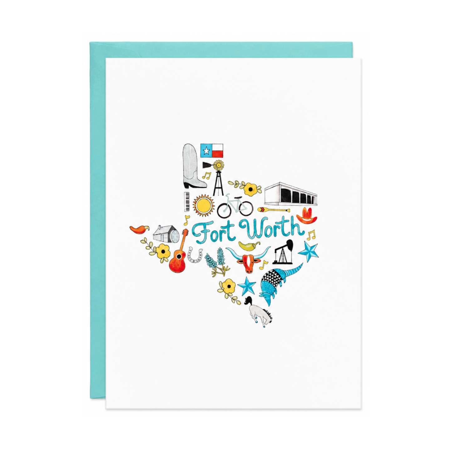 Greeting card with colorful illustrations forming the word 'Fort Worth' on a white background.
