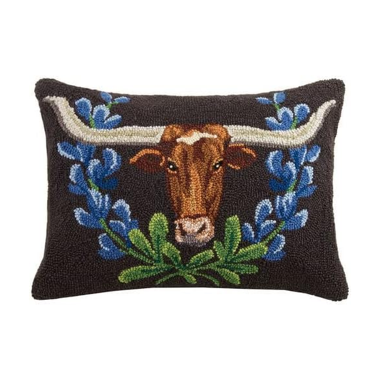 Dark Longhorn and Bluebonnets Pillow