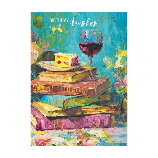 Glass of Wine & Books Birthday Card