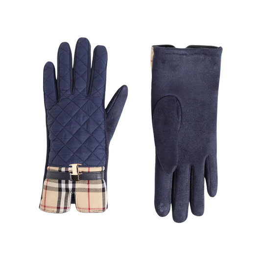 Plaid Puffer Gloves Navy