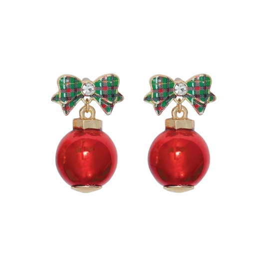 Plaid Bow with Red Ball Earrings