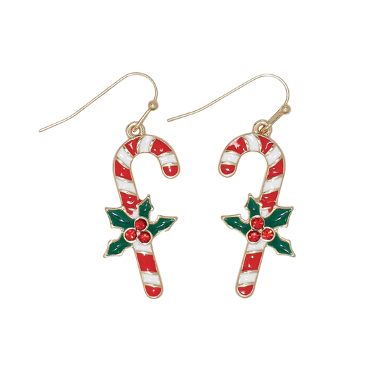 Candy Canes w/Holly Earrings