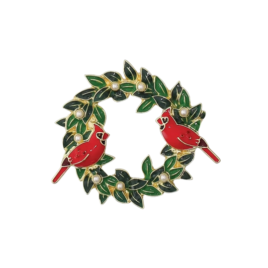 Cardinals on Holly Wreath Pin
