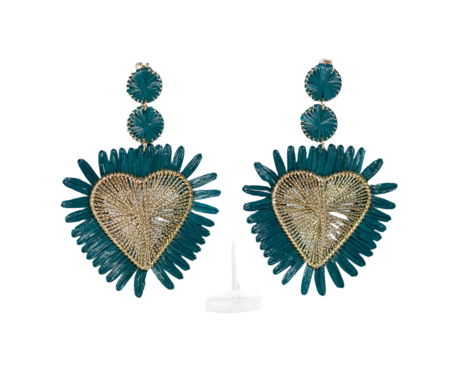 Teal heart-shaped earrings on a white background