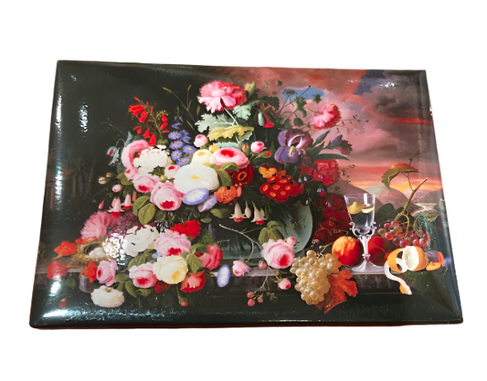 Magnet Still Life of Flowers and Fruit With a River Landscape in the Distance