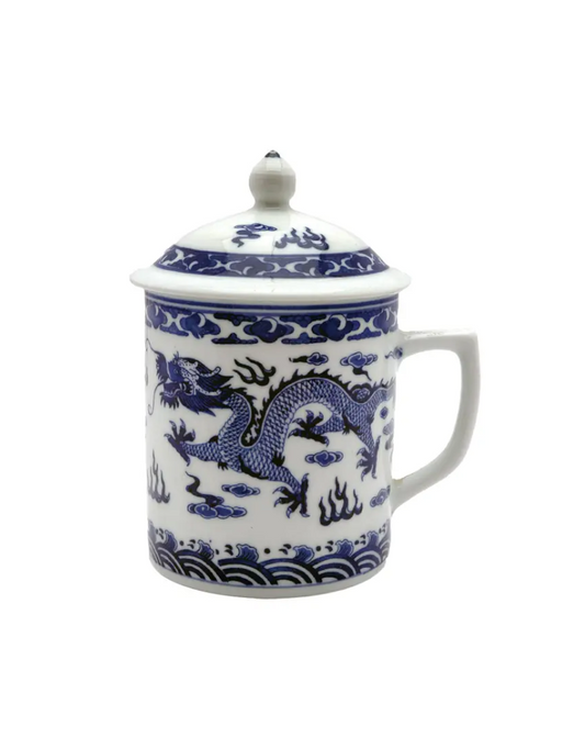 Blue & White Dragon Print Mug with Lid
