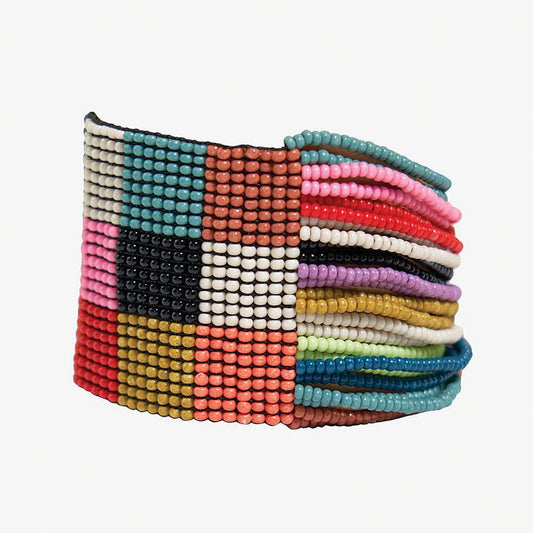 Olive Checkered Beaded Stretch Bracelet
